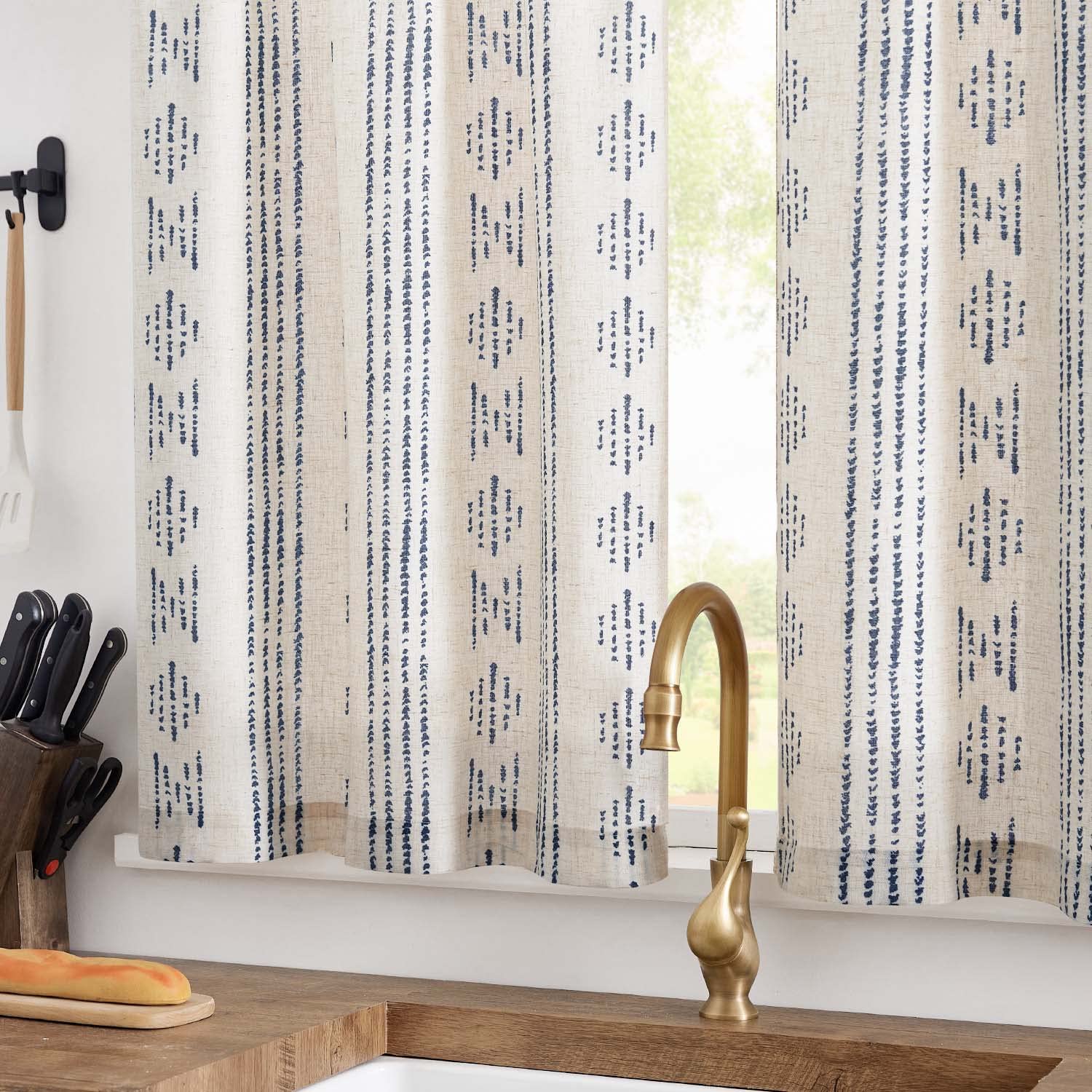 Jinchan Boho Kitchen Curtains Linen Tier Curtains 36 Inches Bohemian Cafe Small Drapes Striped Mudcloth Farmhouse For Bathroom Rv Camper Light Filtering Rod Pocket 2 Panels Blue On Beige